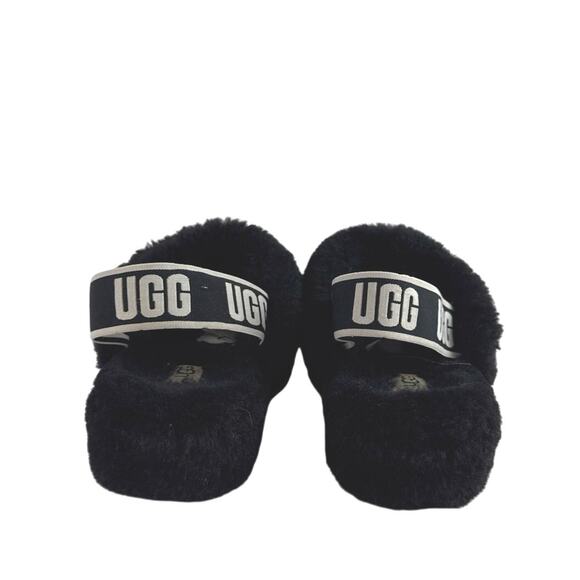 UGG Fluff Yeah Black Faux Fur Strap Logo Slingback Slippers Slides Sandals Sz 6 - Picture 3 of 8